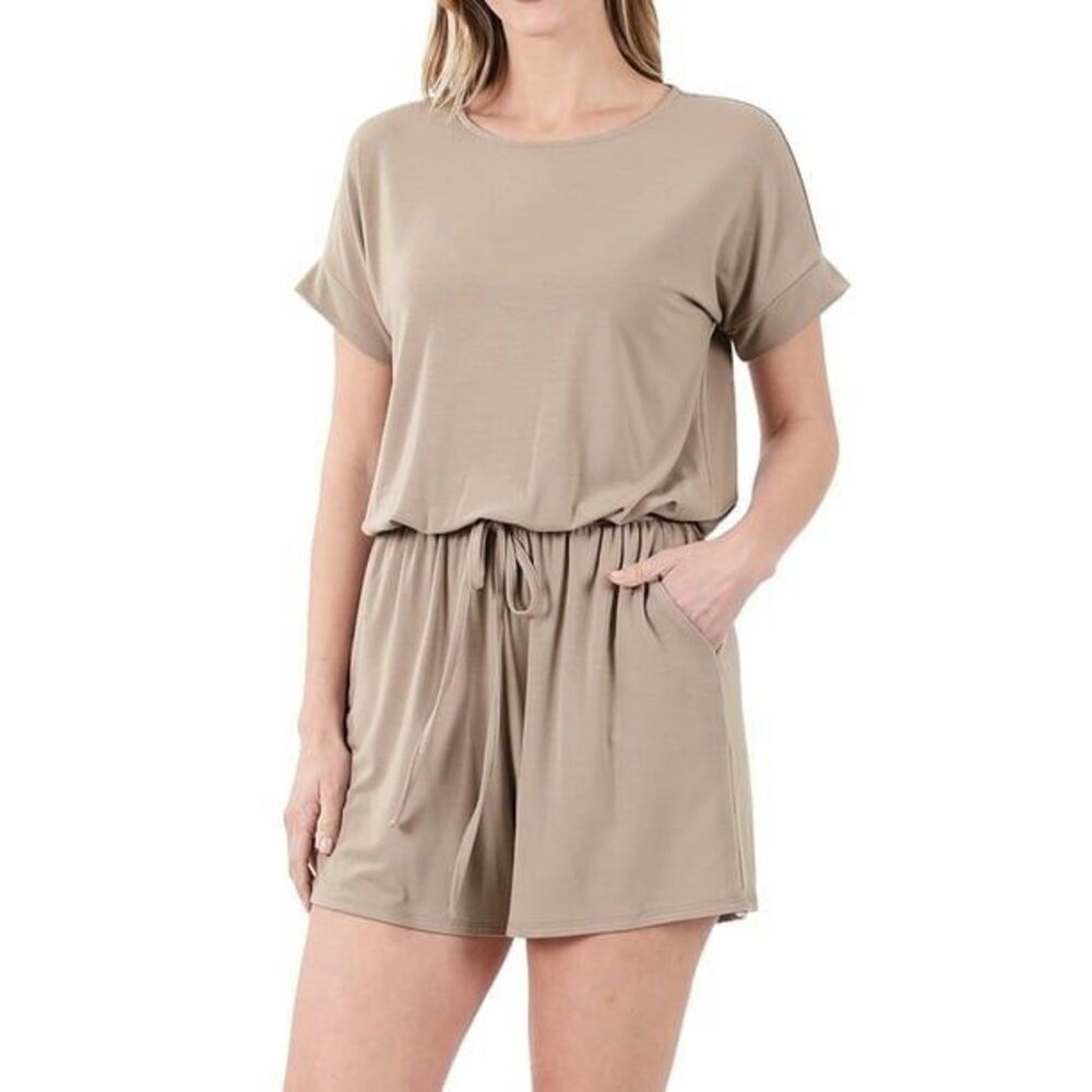 Zenana XL Taupe Knit Romper Women's Short Sleeve Drawstring Pocket Lounge Romper